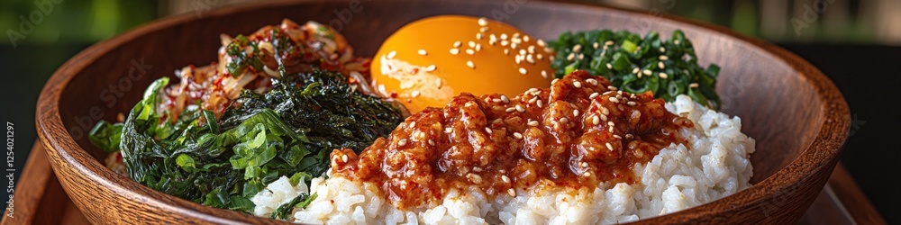 Delicious Korean Bibimbap Bowl with Egg, Spinach, Kimchi, and Rice in Wooden Dish - Authentic Asian Cuisine, Vibrant Colors, Healthy Ingredients, Traditional Recipe Delicious Korean Bibimbap Bowl with Egg, Spinach, Kimchi, and Rice in Wooden Dish - Authentic Asian Cuisine, Vibrant Colors, Healthy Ingredients, Traditional Recipe
