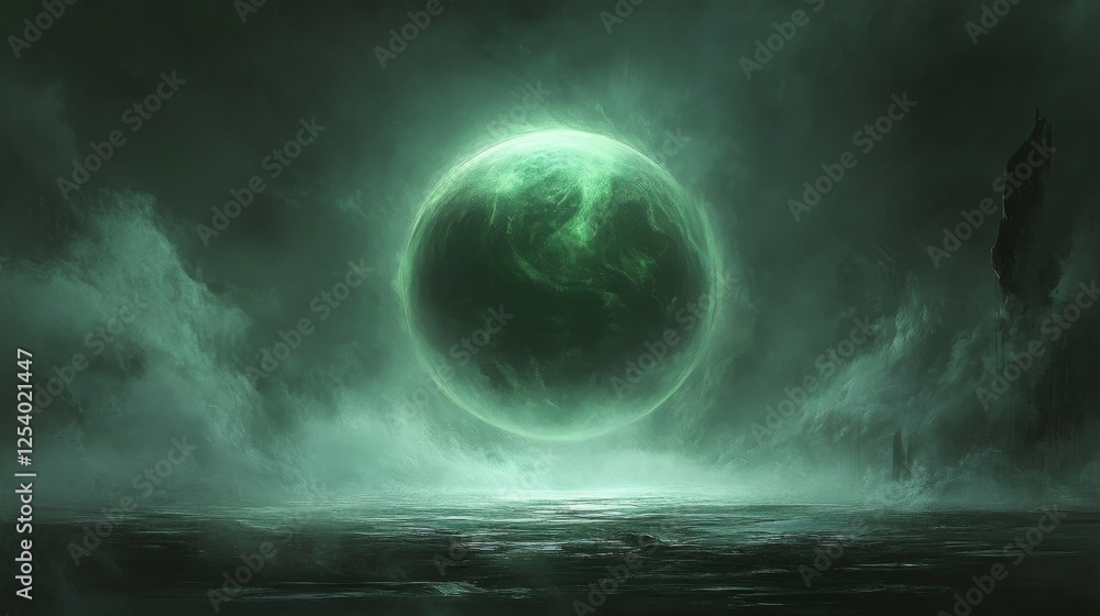 Eerie glowing orb hovers over a dark and stormy landscape Eerie glowing orb hovers over a dark and stormy landscape