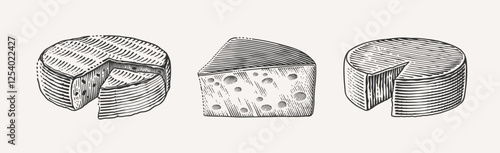 Hand-drawn, engraving-style illustration of three different cheese wheels, including whole and sliced pieces.