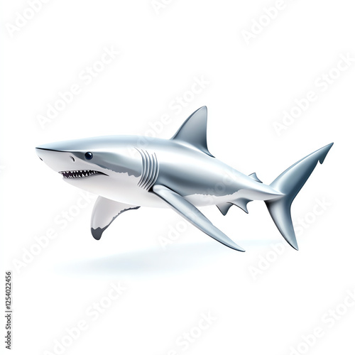 A dynamic, stylized illustration of a shark swimming gracefully through the ocean. The shiny silver skin and vivid details highlight its powerful form and agile movements. photo