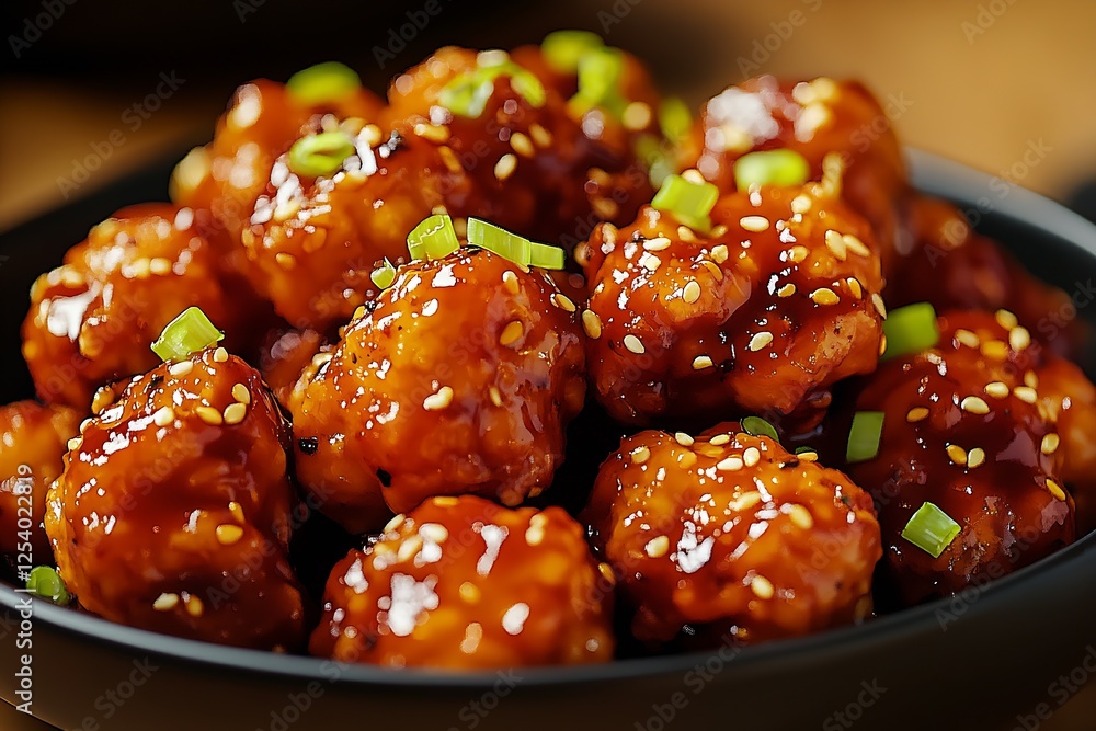 Deliciously Glazed Sweet and Sour Chicken Bites Garnished with Green Onions and Sesame Seeds : Generative AI Deliciously Glazed Sweet and Sour Chicken Bites Garnished with Green Onions and Sesame Seeds : Generative AI