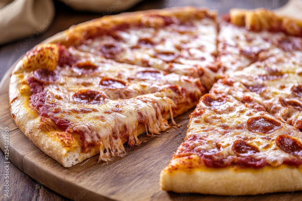 A classic pepperoni pizza, showcasing stretchy cheese and crispy pepperoni on a wooden board, inviting shared enjoyment. A classic pepperoni pizza, showcasing stretchy cheese and crispy pepperoni on a wooden board, inviting shared enjoyment.