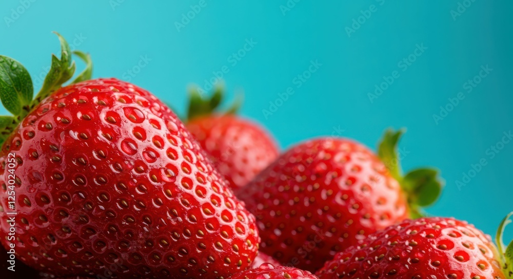 Fresh ripe strawberries against vibrant blue background Fresh ripe strawberries against vibrant blue background