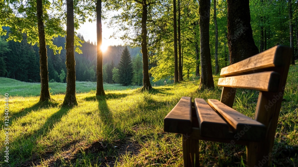 Sunlight streaming through serene forest with wooden bench Nature tranquility Sunlight streaming through serene forest with wooden bench Nature tranquility
