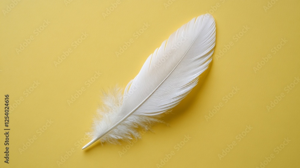 Obraz premium Single white feather lying on a simple yellow background