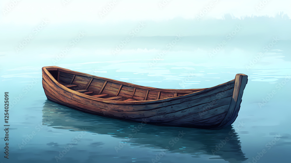 Ancient wooden boat floats, calm water. Floating Relics. Illustration Ancient wooden boat floats, calm water. Floating Relics. Illustration