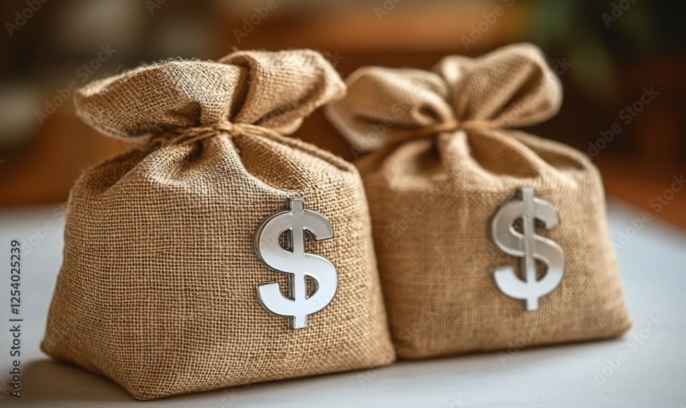 Two Beige Burlap Money Bags With Silver Dollar Symbols Two Beige Burlap Money Bags With Silver Dollar Symbols