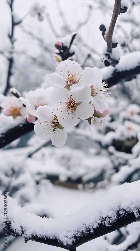 Charming cherry blossoms dusted with snow in a tranquil winter setting highlighting nature's elegance : Generative AI Charming cherry blossoms dusted with snow in a tranquil winter setting highlighting nature's elegance : Generative AI