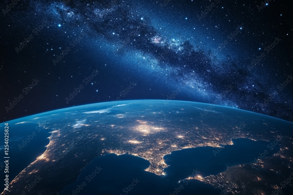 Fototapeta premium Earth's night lights, Milky Way backdrop, space view, planet
