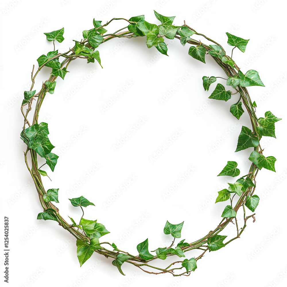 Fototapeta premium A circular wreath made of lush green ivy leaves, perfect for home decor. This natural piece adds a touch of elegance and freshness to any space, enhancing its overall ambiance.