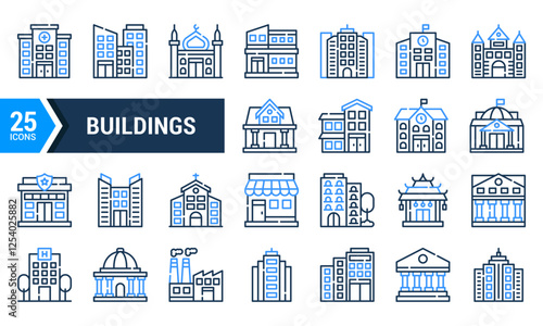 A set of 25 blue line icons depicting different types of buildings.