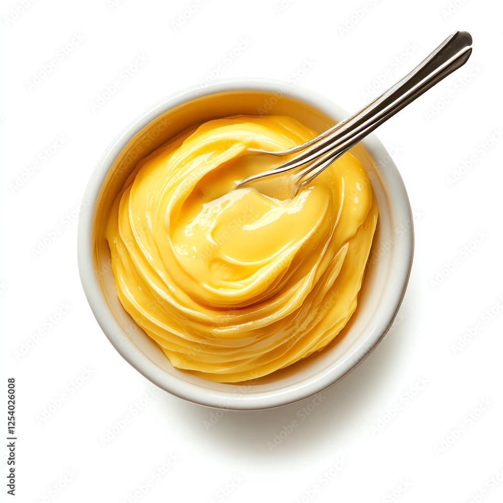 A close-up view of creamy yellow custard in a white bowl, topped with a stainless steel spoon. The smooth texture and rich color make it a tempting dessert option for any occasion. A close-up view of creamy yellow custard in a white bowl, topped with a stainless steel spoon. The smooth texture and rich color make it a tempting dessert option for any occasion.