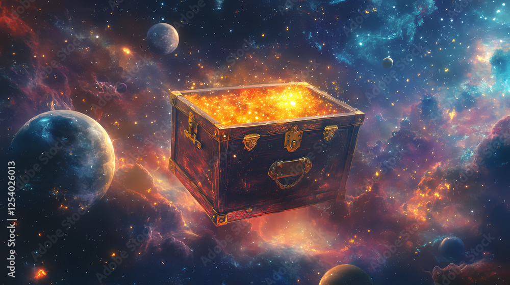 Fototapeta premium Magical glowing treasure chest floating in a vast cosmic nebula universe filled with planets moons and sparkling stars an ancient relic of untold power and mystery. Floating Relics. Illustration