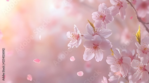 Close-up of cherry blossom, soft pink flowers, spring beauty, floral design, for greeting card, spring promotion, horizontal banner, copy space
