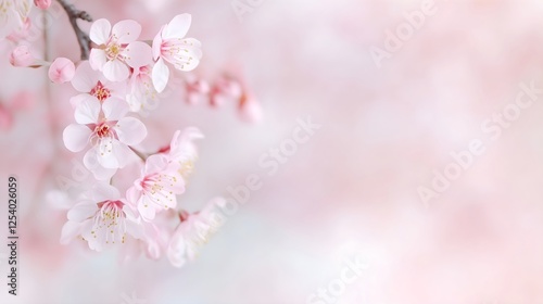 Close-up of cherry blossom, soft pink flowers, spring beauty, floral design, for greeting card, spring promotion, horizontal banner, copy space