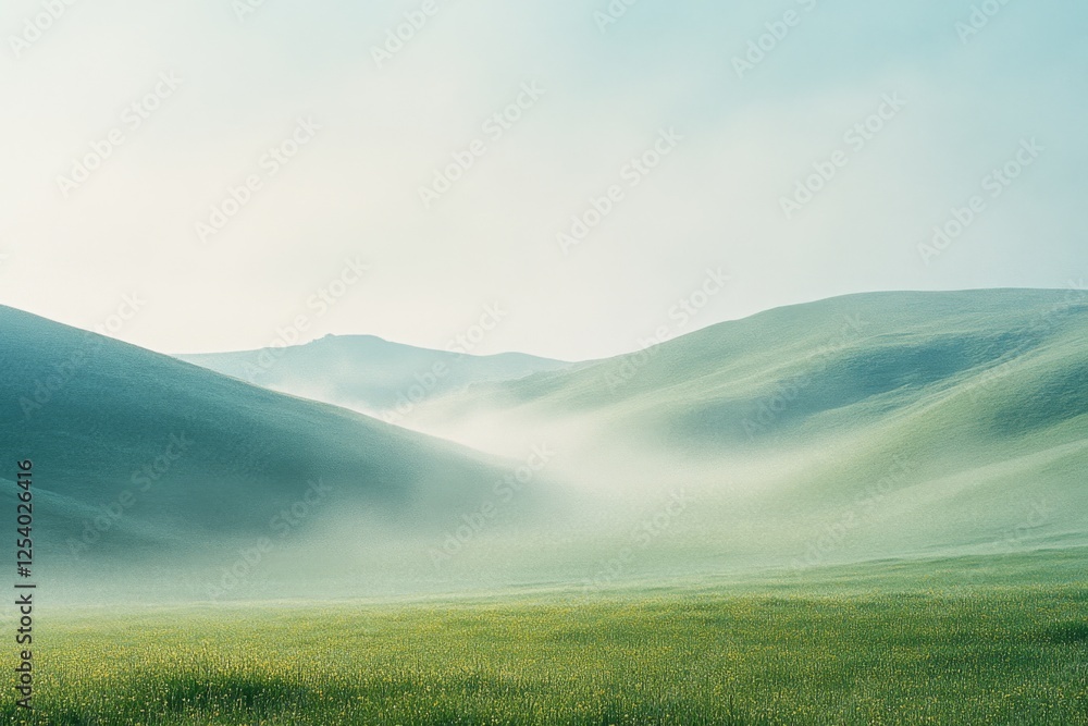 Fototapeta premium Rolling hills enveloped in a mystic mist, creating a serene and ethereal landscape under a soft, diffused light.