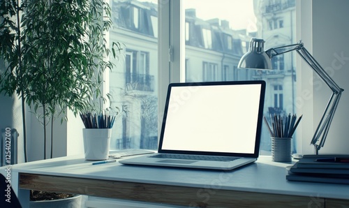 Wallpaper Mural Laptop on desk, blank screen, city view, home office, workspace Torontodigital.ca