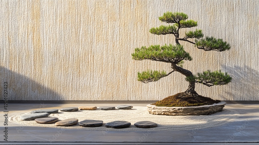 A serene scene of a Zen garden with meticulously raked patterns in the sand, stone arrangements, and a lone bonsai tree, embodying the principles of harmony and simplicity. A serene scene of a Zen garden with meticulously raked patterns in the sand, stone arrangements, and a lone bonsai tree, embodying the principles of harmony and simplicity.