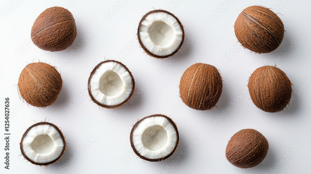 Arrangement Of Whole And Halved Coconuts On White Surface Arrangement Of Whole And Halved Coconuts On White Surface