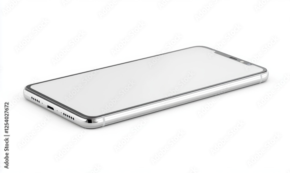 Silver smartphone on white background, blank screen, product mockup Silver smartphone on white background, blank screen, product mockup