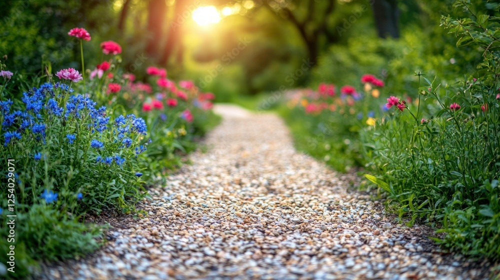 Naklejka premium Sunlit garden path, flowers, tranquil scene, relaxation