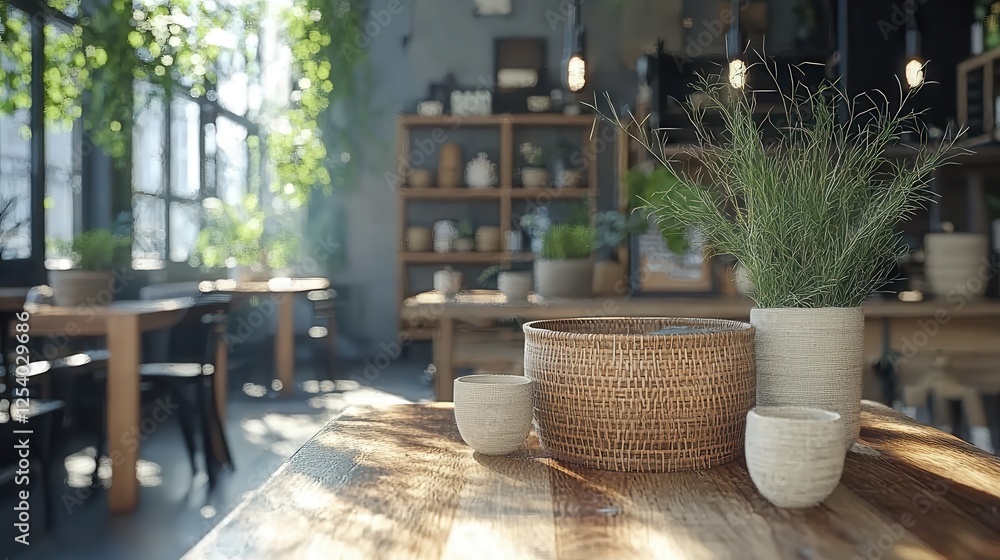 Zero waste promotes upcycling with natural materials. Cozy interior with plants and natural decor in a bright café setting. Zero waste promotes upcycling with natural materials. Cozy interior with plants and natural decor in a bright café setting.