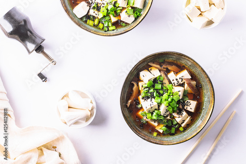 Fresh traditional miso soup with tofu, shiitake mushrooms, green onion and spices on white background with copy space for your design. Traditional Japanese cuisine. 