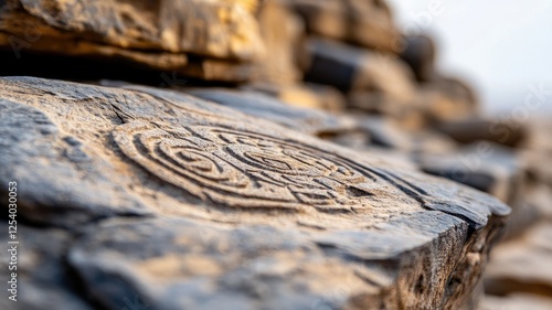 Close-up of ancient rock carvings with intricate designs