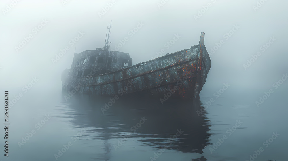Fototapeta premium An abandoned, rusty shipwreck floating in calm waters, shrouded in mist. Floating Relics. Illustration