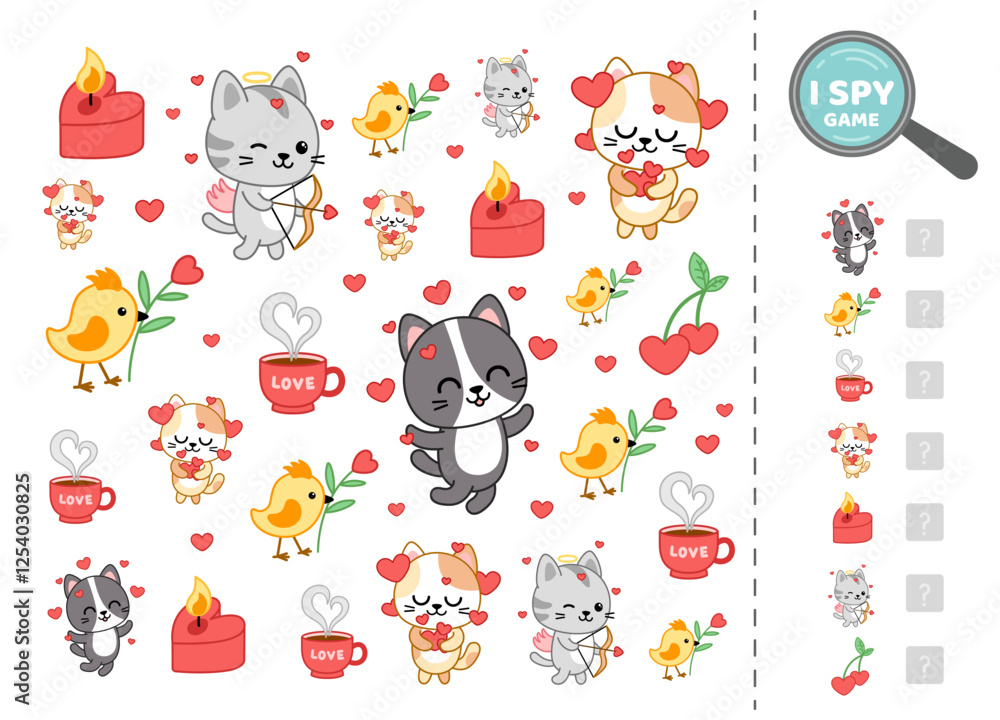 Fototapeta premium I spy game for kids on Valentines day. Search and count how many. Math game. Isolated vector illustration eps 10 