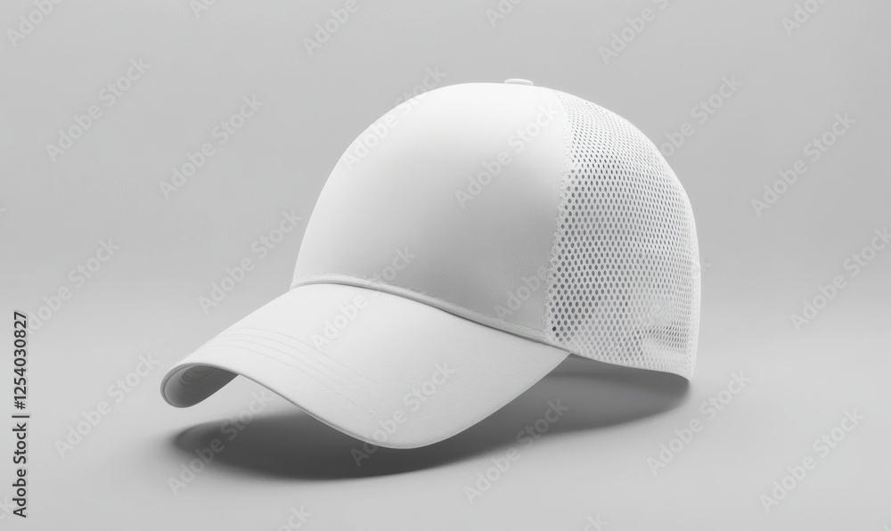 Fototapeta premium White baseball cap, side view, neutral background, mockup