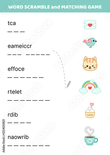Word scramble and matching game with cat, rainbow, ice cream. English words. Sort letters into correct order. Cartoon, Isolated vector illustration eps 10

