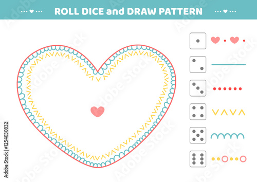 Roll dice and draw pattern. Heart. Drawing game. Draw pattern on heart. Activity for kids. Education for toddler. Isolated vector illustration eps 10