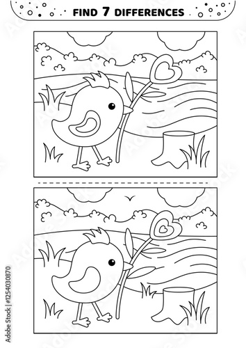 Nestling with flower. Cute. Find 7 differences. Black and white game for kids. Isolated vector illustration eps 10

