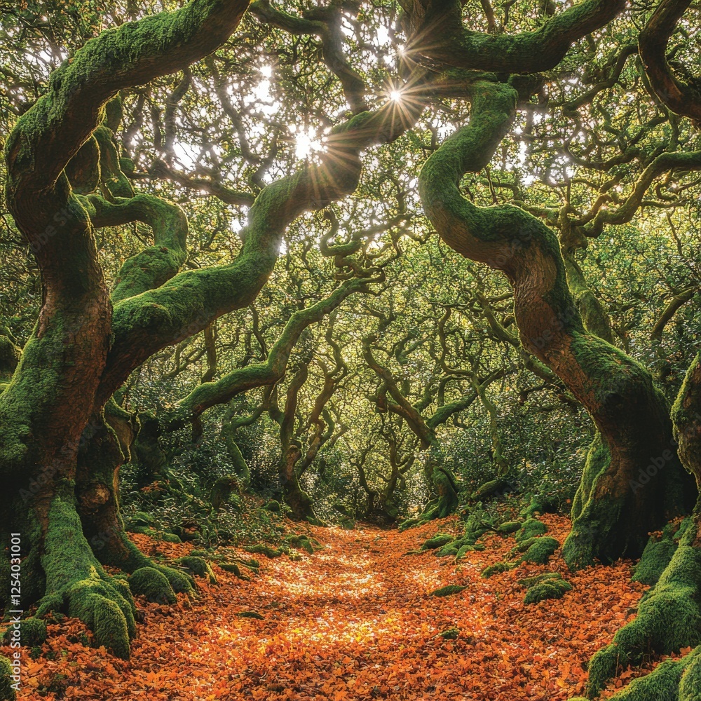 Enchanting Sunlit Forest Path with Twist Gnarled Trees and Lush Green Moss in Serene Woodland Realm Capturing Nature's Beauty and Mystical Ambiance Enchanting Sunlit Forest Path with Twist Gnarled Trees and Lush Green Moss in Serene Woodland Realm Capturing Nature's Beauty and Mystical Ambiance