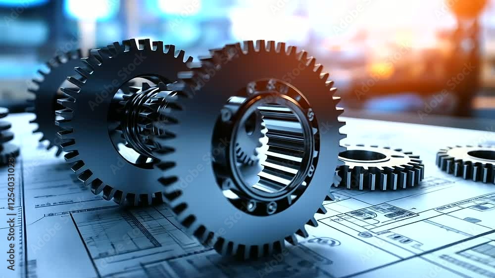 A technical engineering drawing featuring precision gear mechanisms, mechanical linkages, and flowcharts of the system's operation, set in a high-tech industrial design studio.