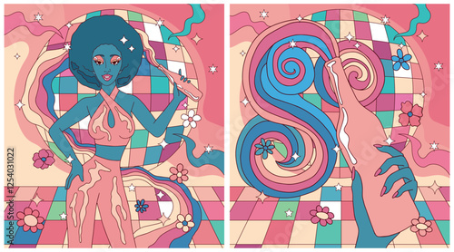 collection of illustrations in the style of minimalism boho, mid-century, mountains and deserts, soft but bright colors