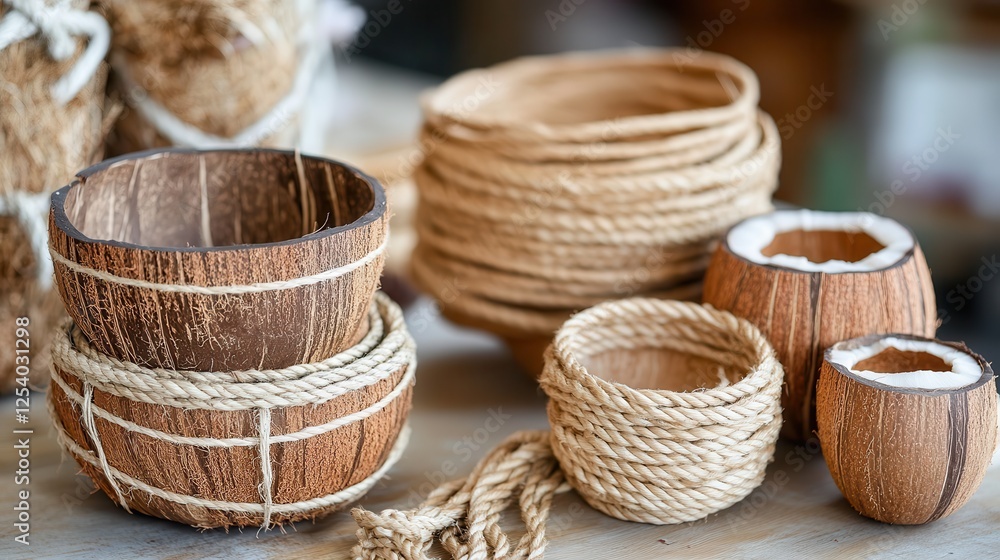 Zero waste promotes upcycling with natural materials. Natural coconut bowls and ropes arranged on a table. Zero waste promotes upcycling with natural materials. Natural coconut bowls and ropes arranged on a table.