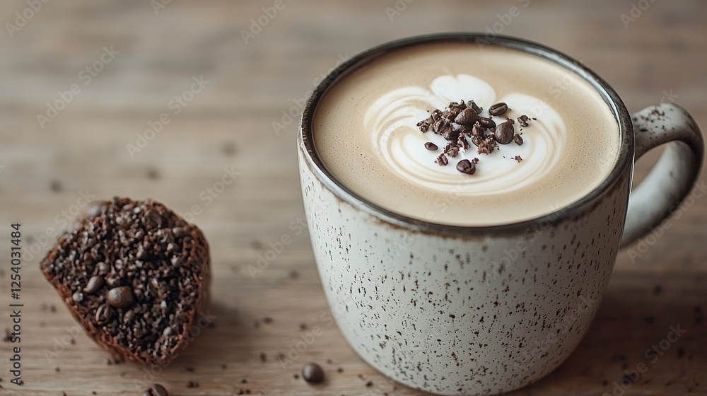 Coffee latte art, muffin, wood table, cafe background, food photography Coffee latte art, muffin, wood table, cafe background, food photography