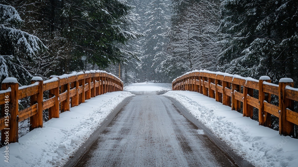 Snowy road on wooden bridge, winter forest Snowy road on wooden bridge, winter forest