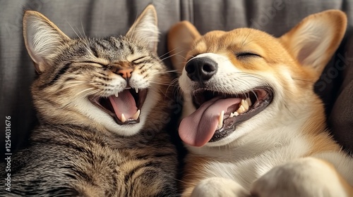 Adorable cat and dog cuddling while yawning in cozy home environment : Generative AI photo