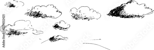 A hand-drawn illustration of fluffy clouds scattered across a white background, showcasing various shapes and sizes, with shading to add depth.