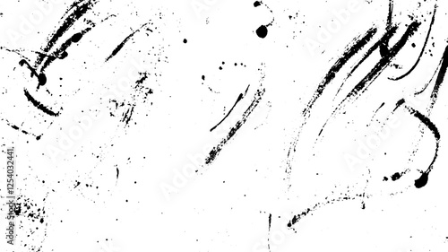 An abstract black and white background featuring random splatters and brush strokes, creating a dynamic and artistic texture.