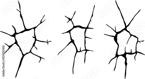 Three abstract black crack patterns on a white background, showcasing different shapes and sizes of cracks.