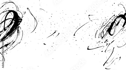 Abstract black ink splashes and swirls on a white background, creating a dynamic and artistic composition.