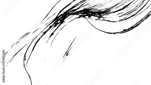 An abstract black ink drawing featuring flowing lines and curves on a white background, creating a sense of movement and fluidity.