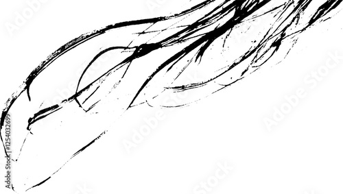 An abstract black ink illustration featuring flowing lines and curves, resembling organic forms or tendrils against a white background.