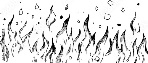 A hand-drawn illustration of stylized flames with swirling shapes and scattered dots, creating a dynamic and artistic representation of fire.