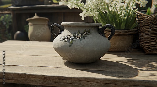 Ornate earthenware pot on rustic wooden table with floral decoration, garden setting in the background photo