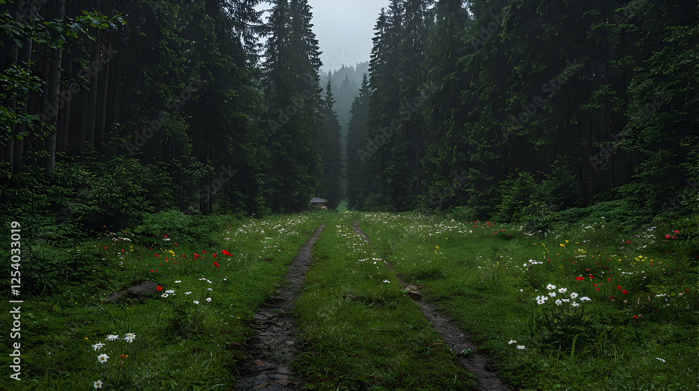 Fototapeta premium Misty forest path, wildflowers, cabin, tranquil scene; nature wallpaper